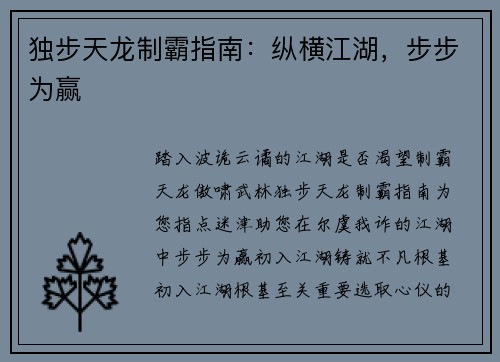 独步天龙制霸指南：纵横江湖，步步为赢